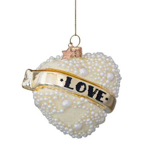 Vondels ornament glass Heart with pearls white with gold H8,5cm